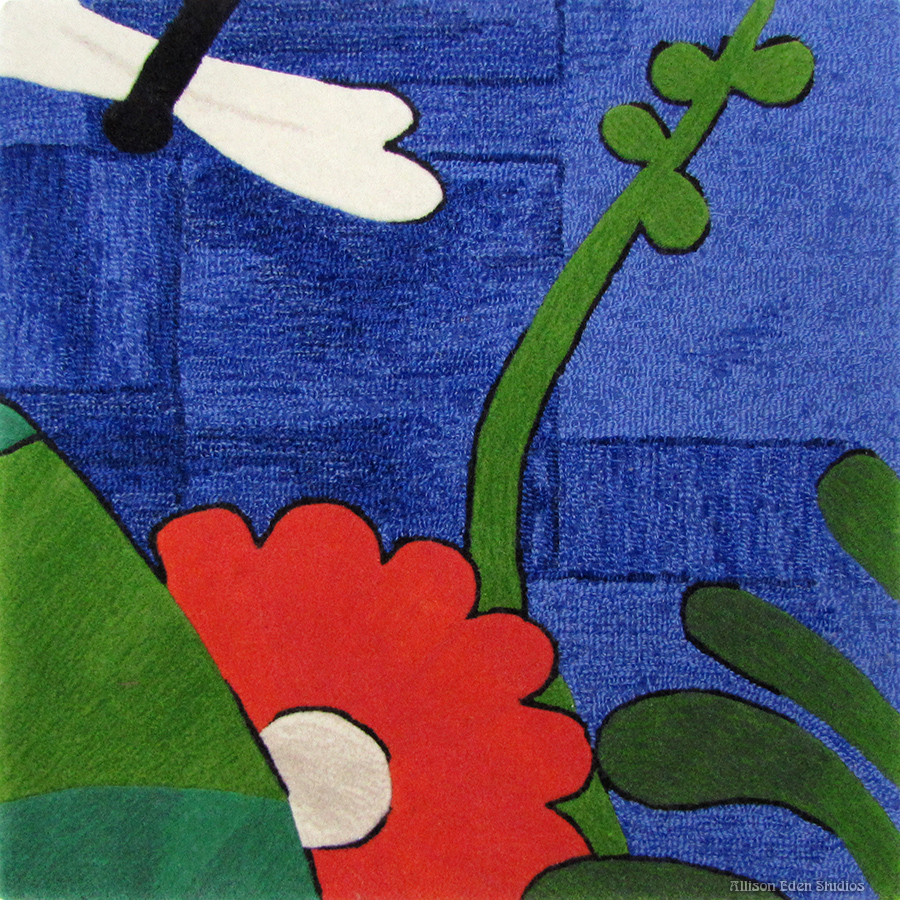 Dragonfly with Flowers carpet in cobalt blue, green, red, white and black