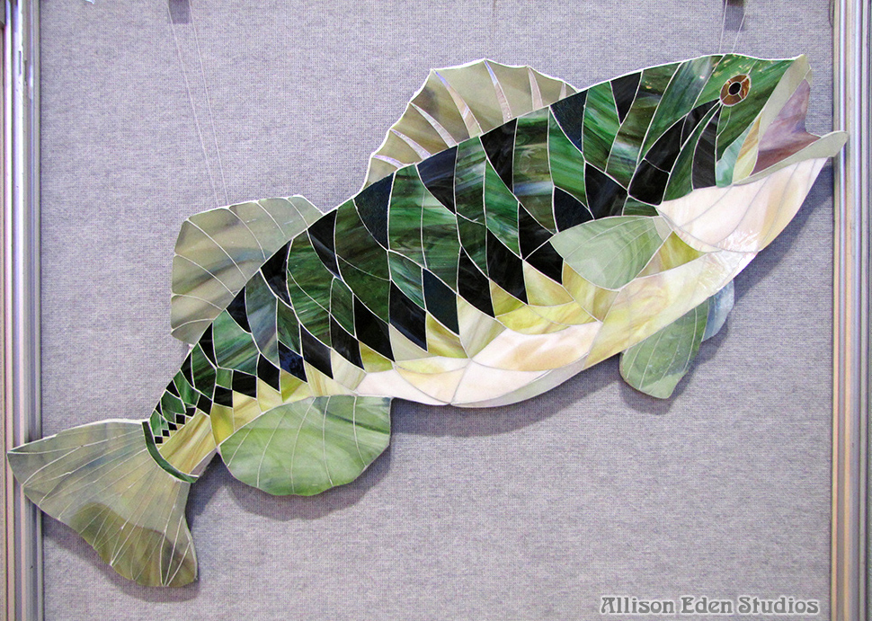 42-inch largemouth bass handcrafted in green black and cream stained glass mosaic