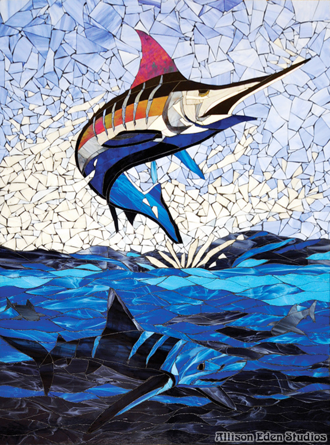 Dramatic swordfish leaping above blue ocean waves in custom stained glass mosaic art by Allison Eden Studios