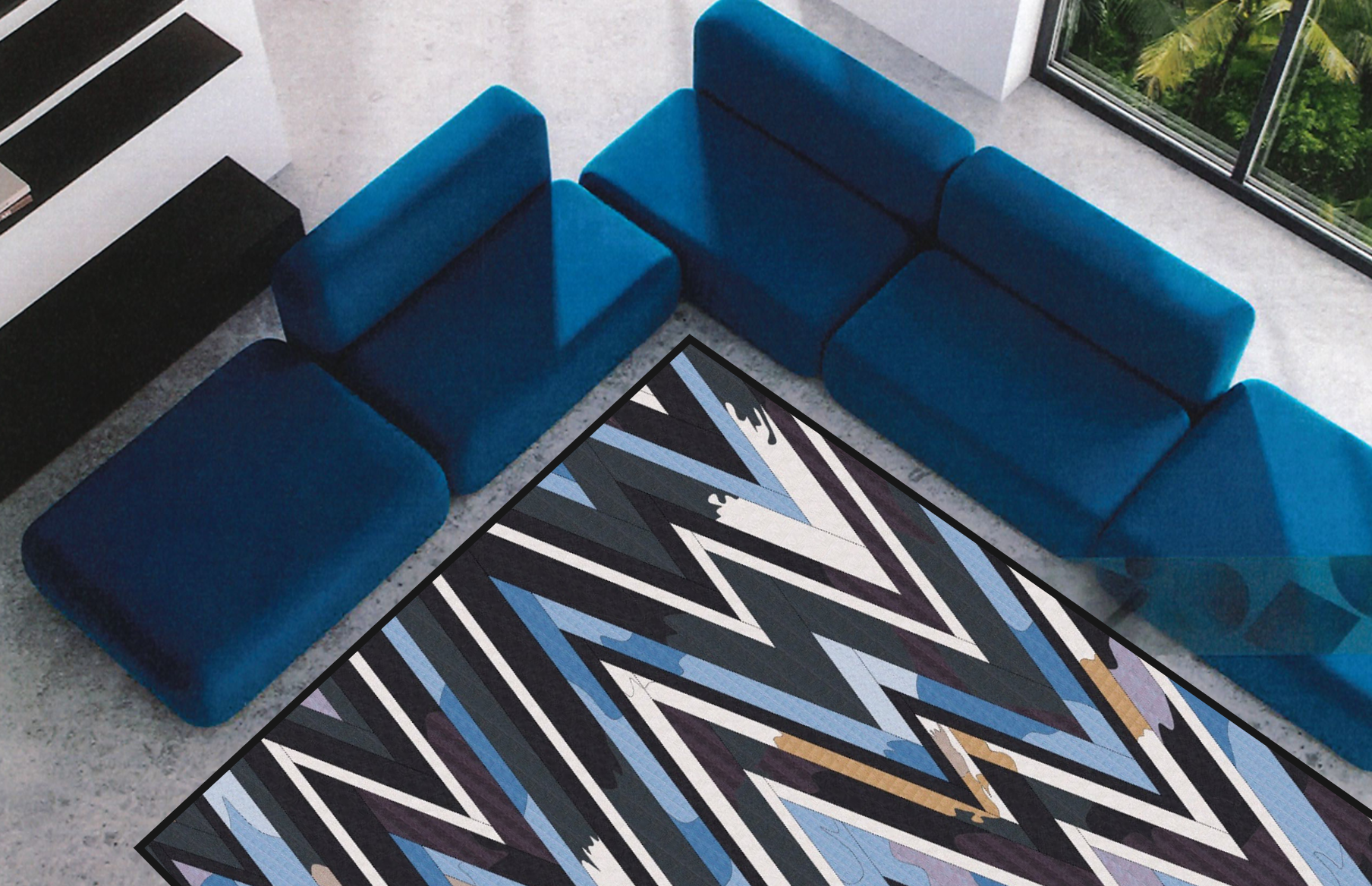 Complete Lightning Bolt carpet installed with blue modular seating