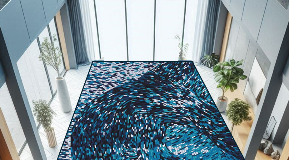 Complete Ocean carpet shown in a tall contemporary interior