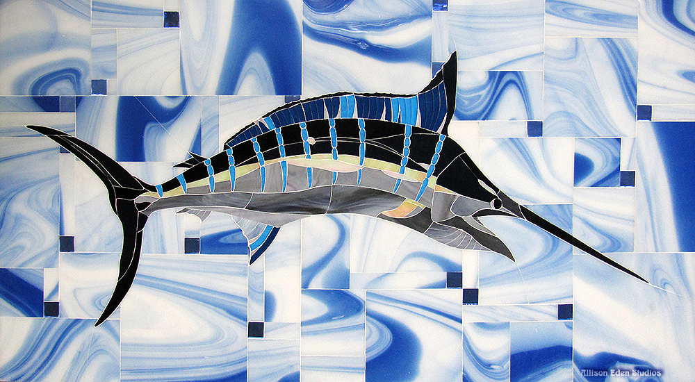 Custom swordfish marine glass mosaic artwork by Allison Eden Studios