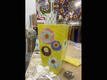 vibrant stained glass mosaic flower pot by Allison Eden Studios
