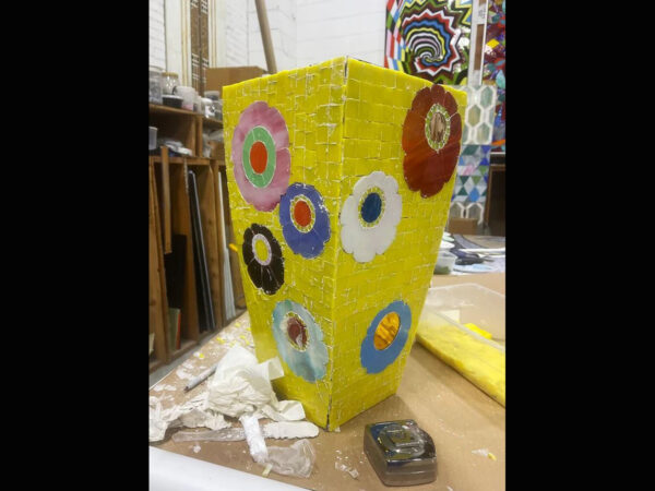 vibrant stained glass mosaic flower pot by Allison Eden Studios
