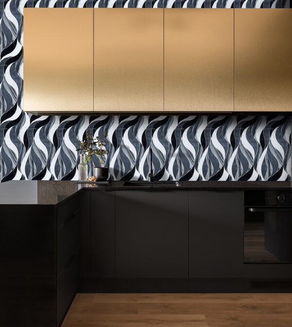Waves- Black- Stone interlocking Mosaic Tiles
