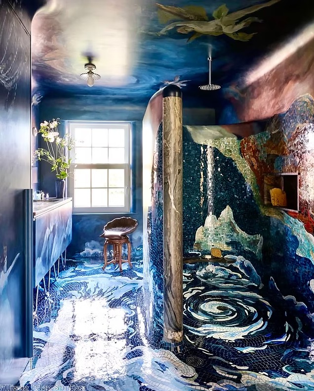 Floor-to-ceiling custom glass mosaic bathroom by Allison Eden Studios featuring dramatic ocean waves, a Titanic-inspired shower, handcrafted stained glass walls, and an immersive luxury spa design.