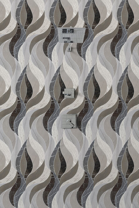 Waves- Brown- Stone interlocking Mosaic tile- White Woodgrain H, Royal Woodgrain L, Pewter Grey H, Gris Pulpis H, Royal Brown P, & Saint Laurent l