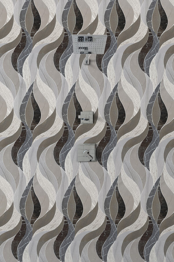 Waves- Brown- Stone interlocking Mosaic tile- White Woodgrain H, Royal Woodgrain L, Pewter Grey H, Gris Pulpis H, Royal Brown P, & Saint Laurent l