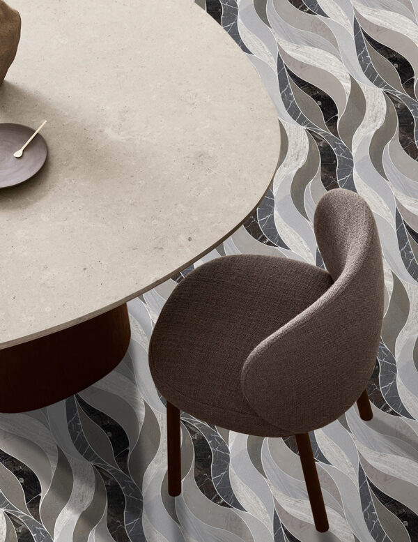 Waves- Brown- Stone interlocking Mosaic tile- White Woodgrain H, Royal Woodgrain L, Pewter Grey H, Gris Pulpis H, Royal Brown P, & Saint Laurent l