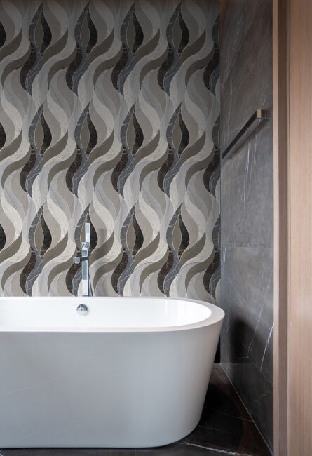 Waves- Brown- Stone interlocking Mosaic tile- White Woodgrain H, Royal Woodgrain L, Pewter Grey H, Gris Pulpis H, Royal Brown P, & Saint Laurent l