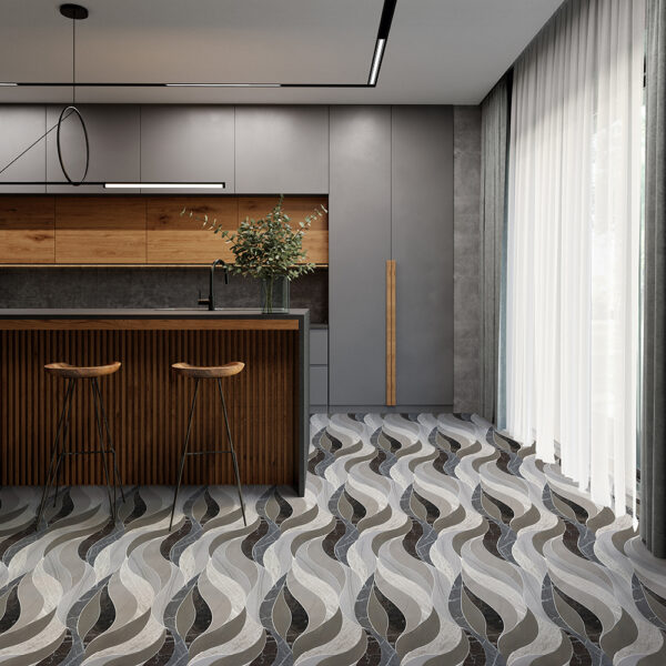 Waves- Brown- Stone interlocking Mosaic tile- White Woodgrain H, Royal Woodgrain L, Pewter Grey H, Gris Pulpis H, Royal Brown P, & Saint Laurent l