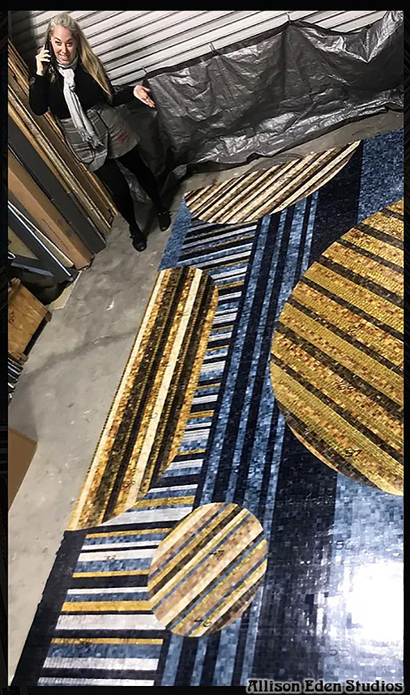 Custom commercial stained glass and mirror mosaic mural by Allison Eden Studios at the entrance of Circa Resort & Casino in Las Vegas featuring geometric Art Deco-inspired glass pattern in progress