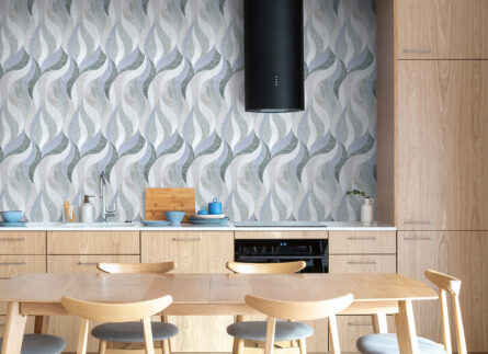 Waves Green- Stone-interlocking Mosaic Tile- Bianco Dolomite H, Calacatta Luna H, Blue Celeste H, & Ming Green L