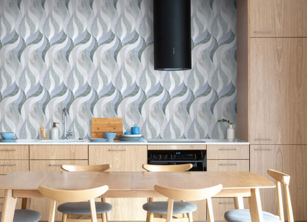 Waves Green- Stone-interlocking Mosaic Tile- Bianco Dolomite H, Calacatta Luna H, Blue Celeste H, & Ming Green L