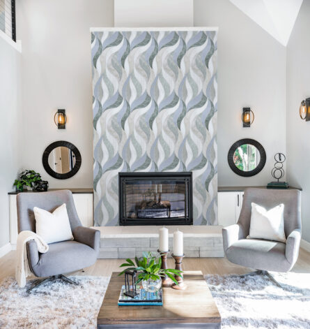 Waves Green- Stone-interlocking Mosaic Tile- Bianco Dolomite H, Calacatta Luna H, Blue Celeste H, & Ming Green L