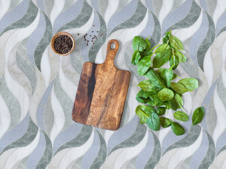 Waves Green- Stone-interlocking Mosaic Tile- Bianco Dolomite H, Calacatta Luna H, Blue Celeste H, & Ming Green L