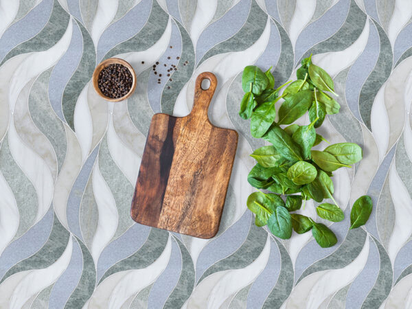 Waves Green- Stone-interlocking Mosaic Tile- Bianco Dolomite H, Calacatta Luna H, Blue Celeste H, & Ming Green L