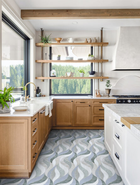 Waves Green- Stone-interlocking Mosaic Tile- Bianco Dolomite H, Calacatta Luna H, Blue Celeste H, & Ming Green L