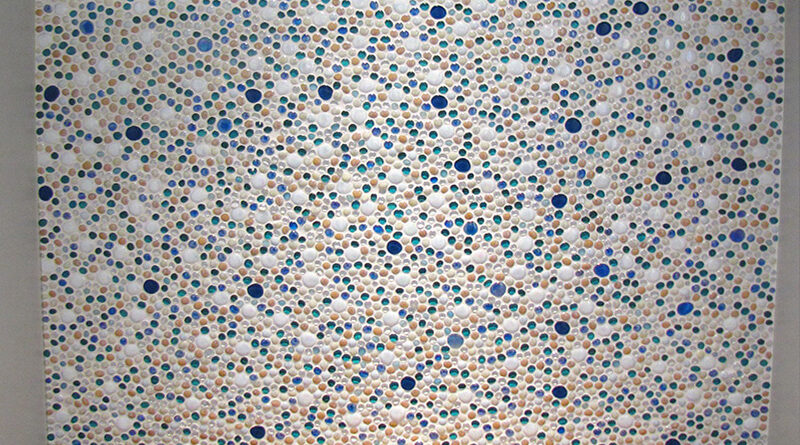 Custom handcrafted glass bubble mosaic wall by Allison Eden Studios featuring thousands of circular stained glass pieces in blue, aqua, white, and sand tones for a luxury beach club changing room and wellness spa.