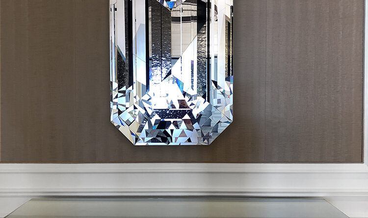 Luxury handcrafted diamond mirror mosaic artwork by Allison Eden Studios installed at Eau Spa Palm Beach, reflecting light with brilliant faceted stained glass and mirror surfaces.