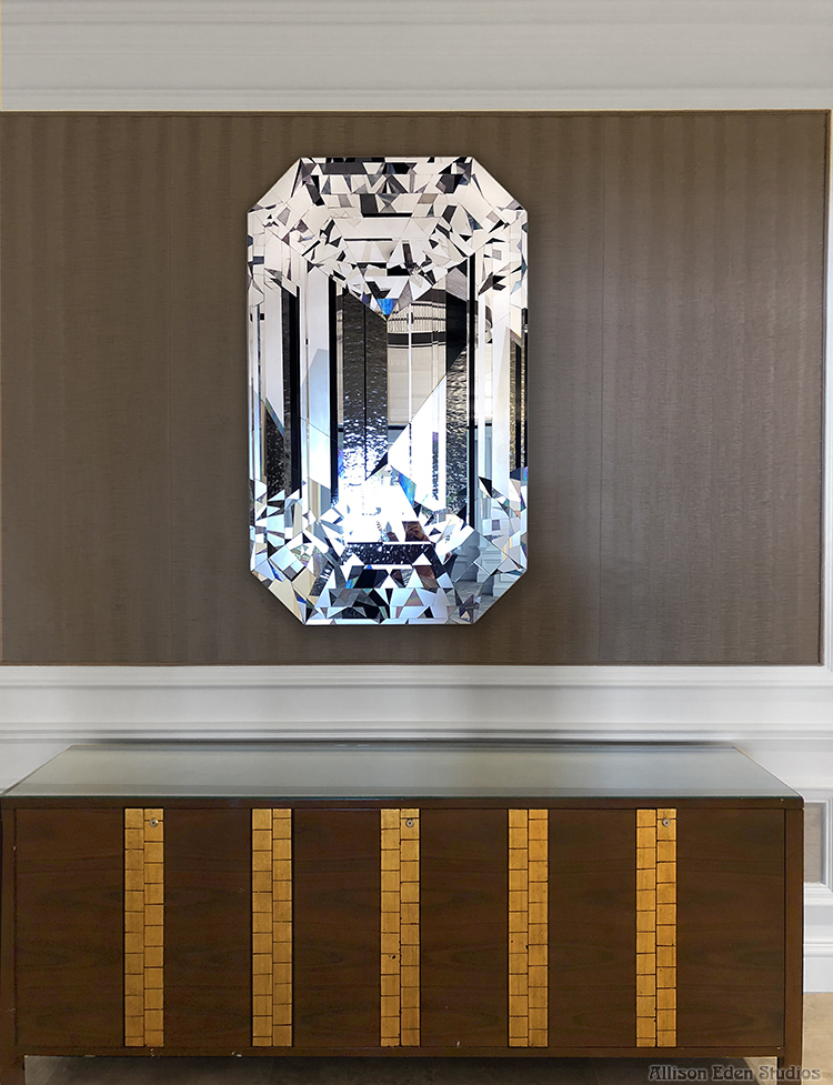 Luxury handcrafted diamond mirror mosaic artwork by Allison Eden Studios installed at Eau Spa Palm Beach, reflecting light with brilliant faceted stained glass and mirror surfaces.