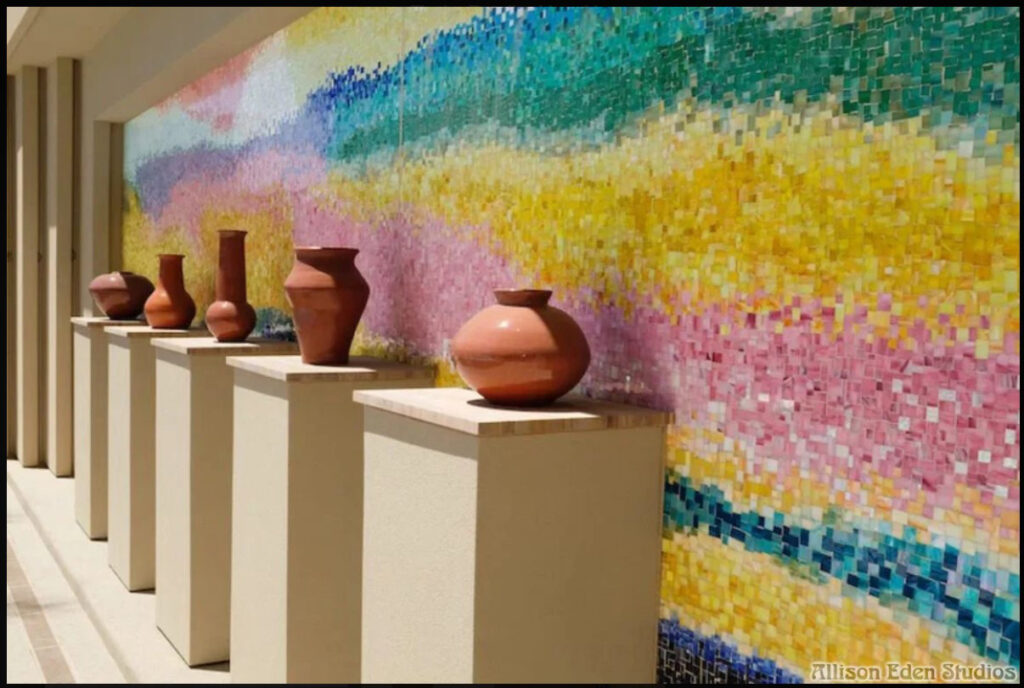 Luxury hospitality glass mosaic mural featuring colorful Arizona sunset gradients in pink, yellow, turquoise, and blue designed for Talking Stick Resort.