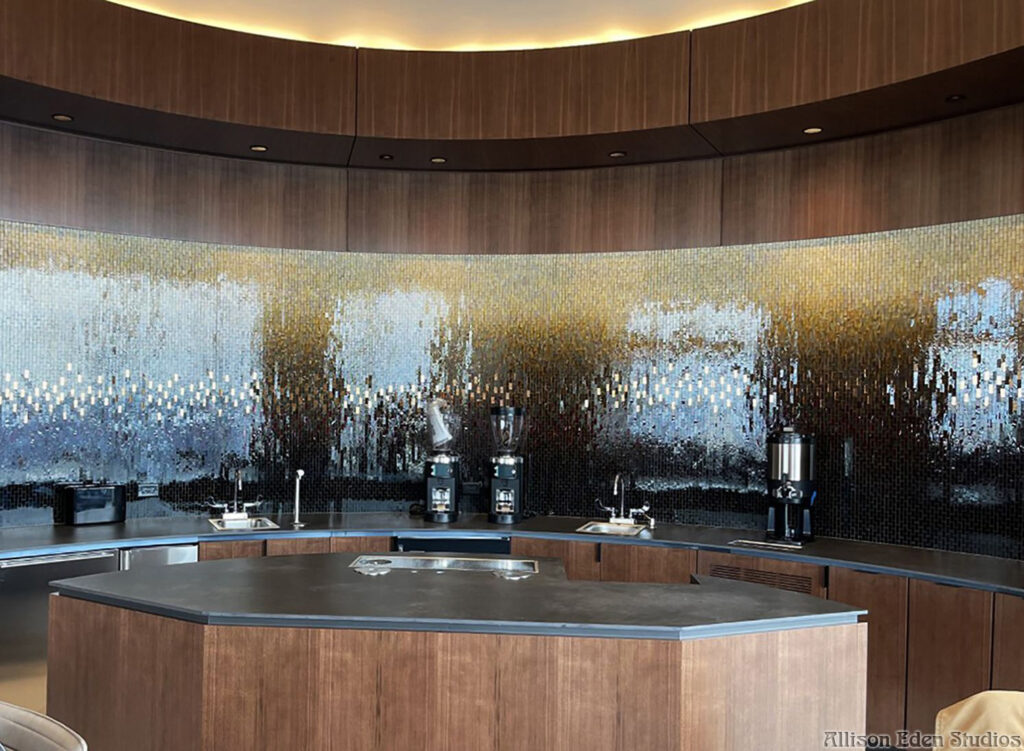 Custom ombré glass and copper mirror mosaic coffee bar at One Vanderbilt by Allison Eden Studios
