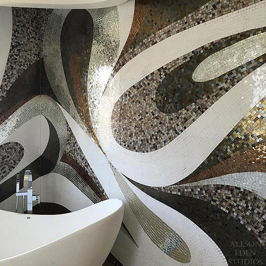 Luxury modern bathroom with custom black, white, bronze and mirror glass mosaic walls handcrafted by Allison Eden Studios
