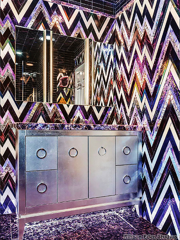 Luxury powder room featuring Allison Eden Studios Extreme ZigZag custom glass and mirror mosaic tile in violet, purple, black and white