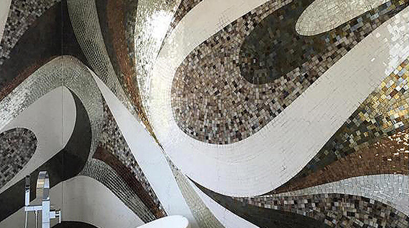 Custom glass and mirror mosaic bathroom with sweeping abstract curves by Allison Eden Studios.