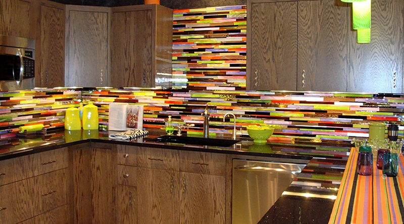 Colorful custom stained glass mosaic kitchen backsplash handcrafted by Allison Eden Studios for the Rachael Ray Showhouse
