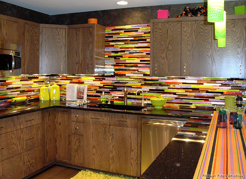 Colorful custom stained glass mosaic kitchen backsplash handcrafted by Allison Eden Studios for the Rachael Ray Showhouse