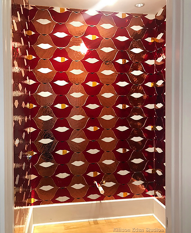 smLuxury powder room featuring Allison Eden Studios SMILE Lips red stained glass and mirror mosaic with gold tooth accent sile lips custom glass mosaic powder room allison eden