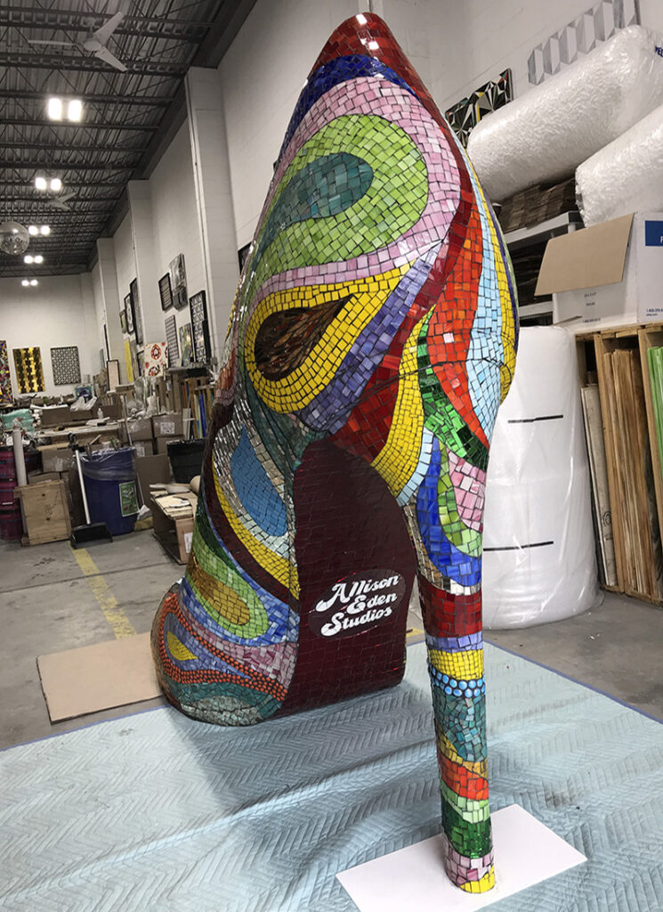 Mosaic High Heeled Shoe Sculpture artwork in progress with red bottom and Allison eden Studios label.