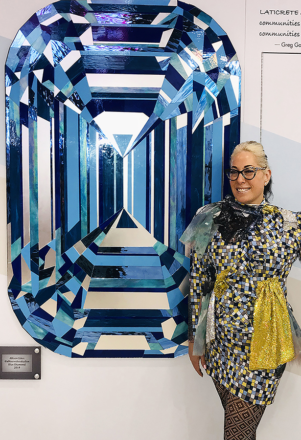 Allison Eden's blue diamond artwork on display in Laticrete booth at Coverings in Orlando.