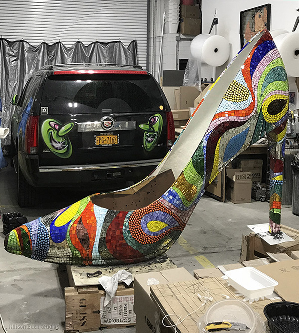 Mosaic High Heeled Shoe Sculpture artwork in progress.
