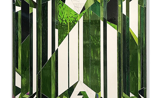Emerald gemstone glass artwork by Allison Eden Studios handcrafted from green stained glass and mirror in a faceted jewel design.