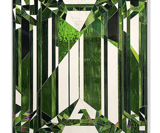 Emerald gemstone glass artwork by Allison Eden Studios handcrafted from green stained glass and mirror in a faceted jewel design.