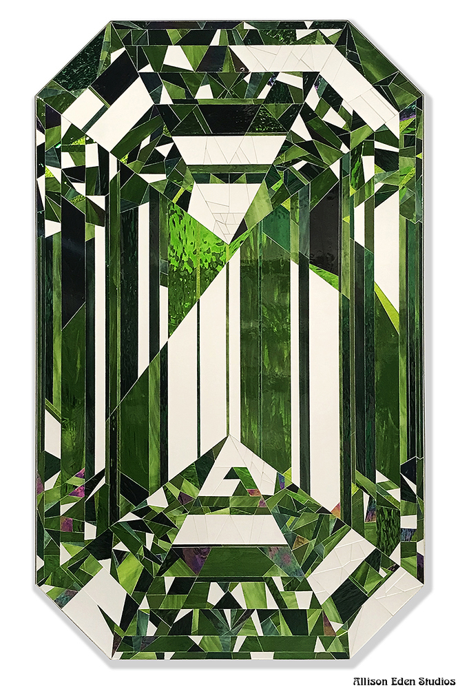 Emerald gemstone glass artwork by Allison Eden Studios handcrafted from green stained glass and mirror in a faceted jewel design.