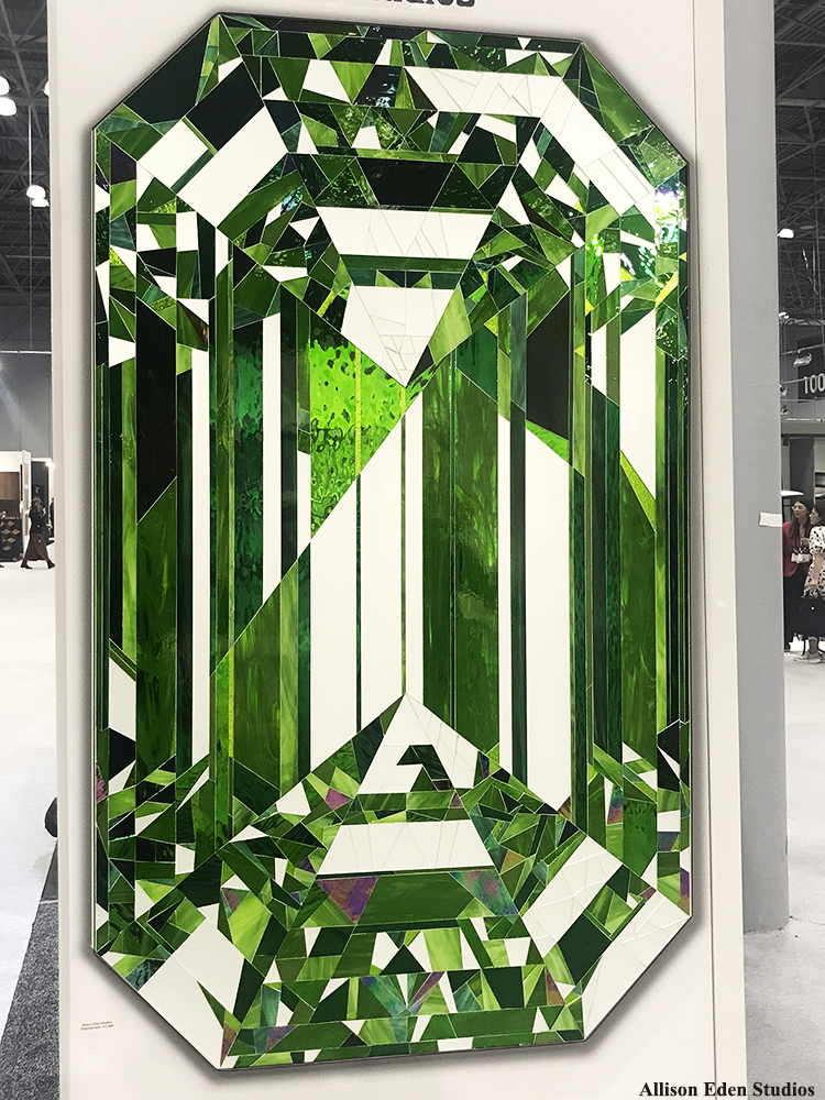 Handcrafted green stained glass and mirror Emerald artwork showing geometric gemstone facets by Allison Eden Studios.