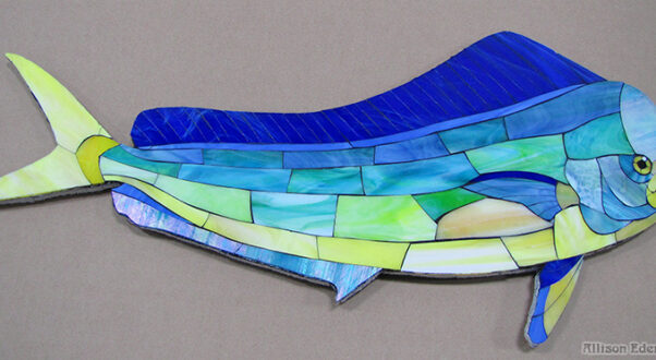 Handcrafted Mahi Mahi glass art by Allison Eden Studios in blue, turquoise, green and yellow stained glass.