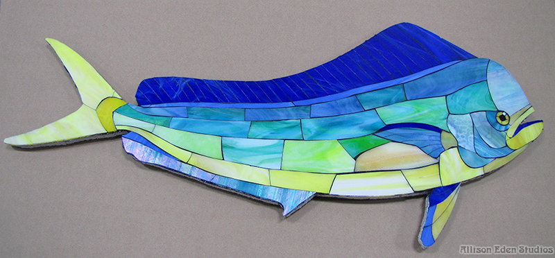 Handcrafted Mahi Mahi glass art by Allison Eden Studios in blue, turquoise, green and yellow stained glass.