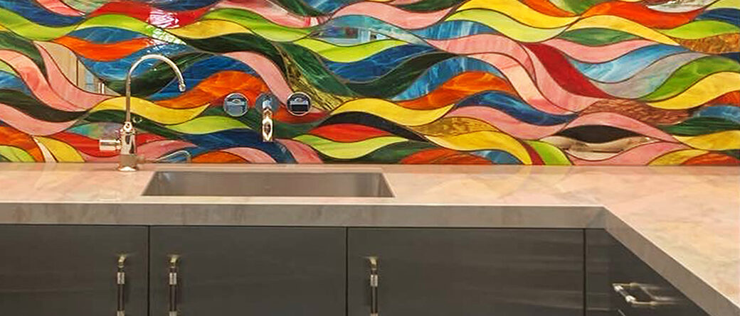Colorful Funky Waves stained glass mosaic kitchen backsplash handcrafted by Allison Eden Studios