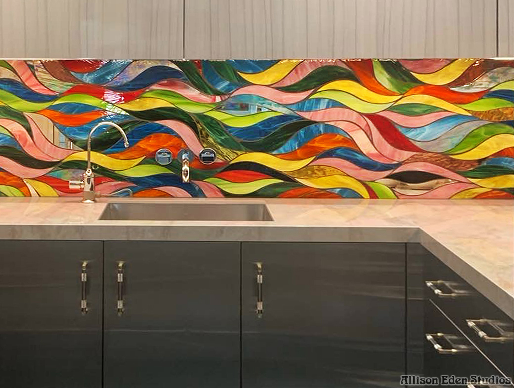 Colorful Funky Waves stained glass mosaic kitchen backsplash handcrafted by Allison Eden Studios