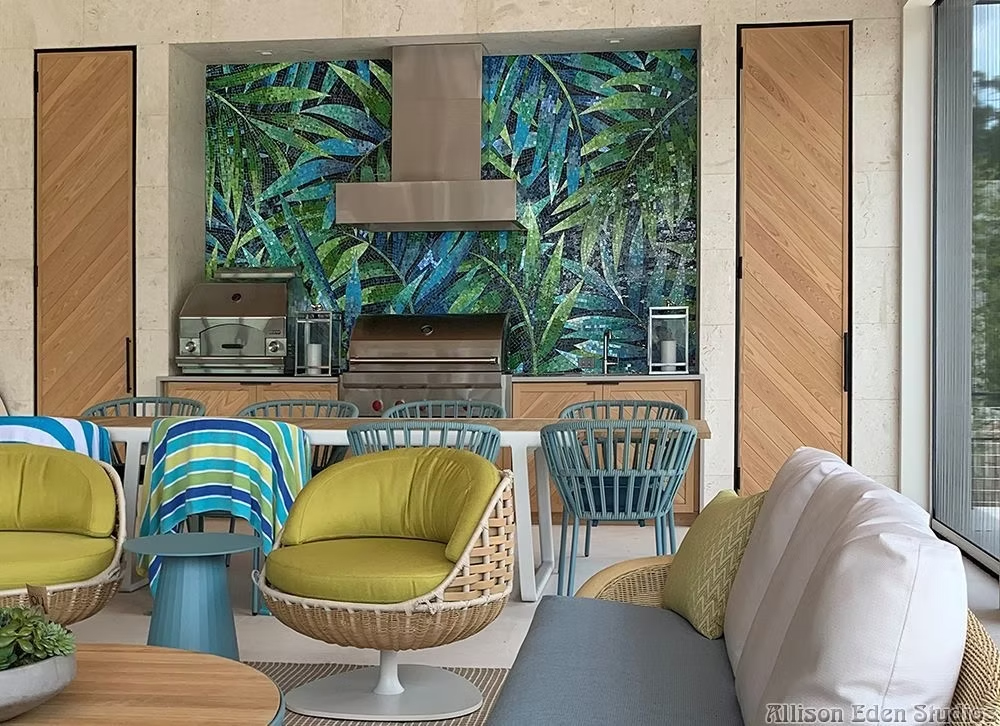 Custom palm leaf glass mosaic mural handcrafted in green and blue stained glass by Allison Eden Studios.