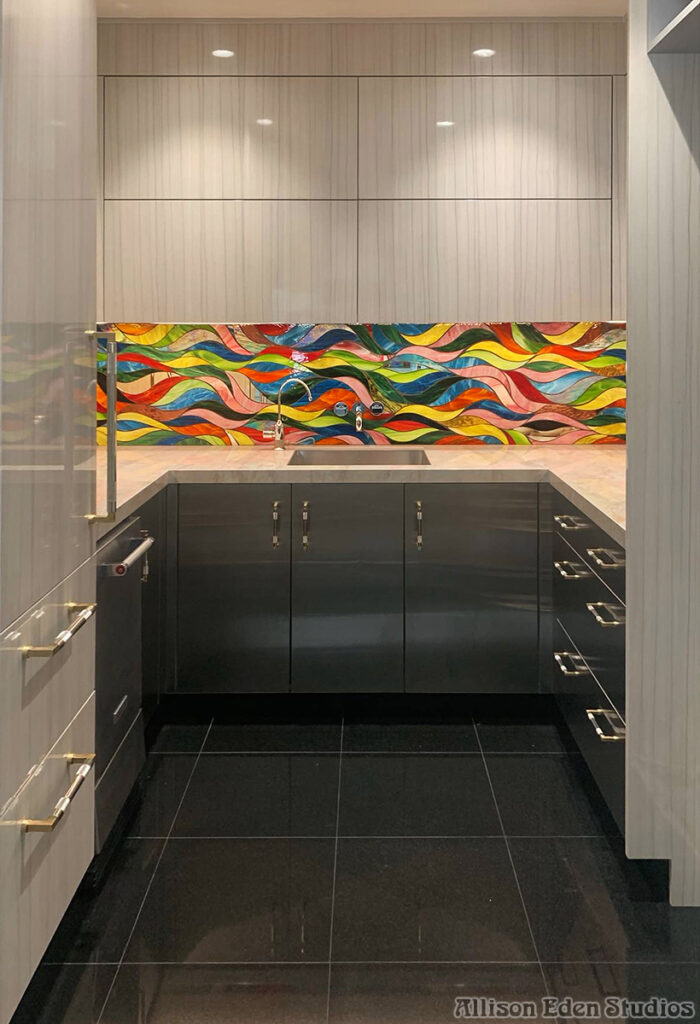 Colorful Funky Waves stained glass mosaic kitchen backsplash handcrafted by Allison Eden Studios