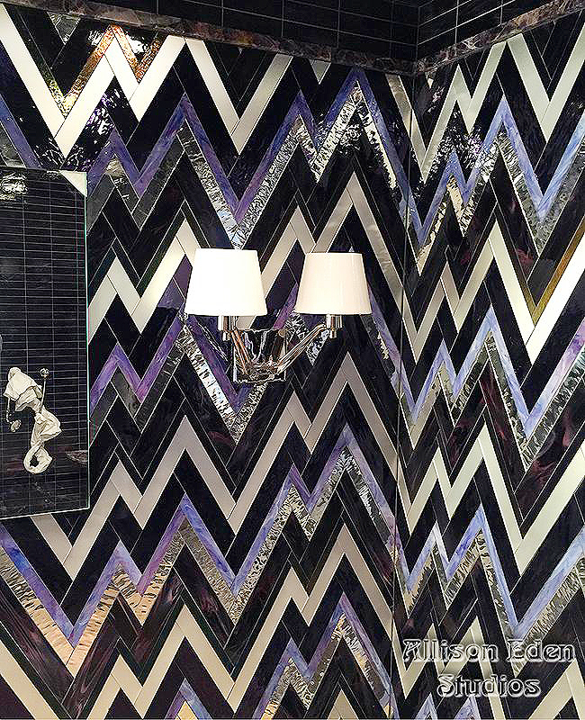 Handcrafted purple stained glass and mirror zigzag mosaic powder room tile by Allison Eden Studios