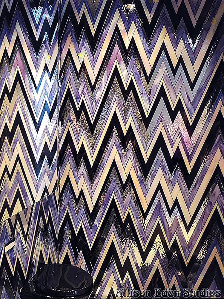 Handcrafted violet stained glass and mirror zigzag mosaic tile by Allison Eden Studios.