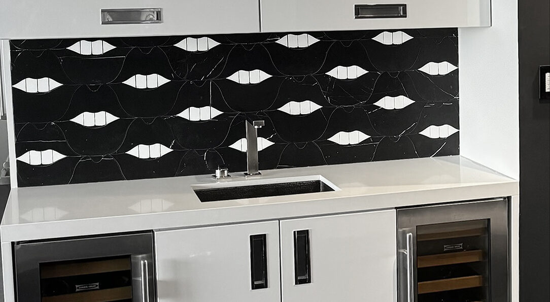 Allison Eden Studios SMILE Lips black white stone mosaic tile backsplash