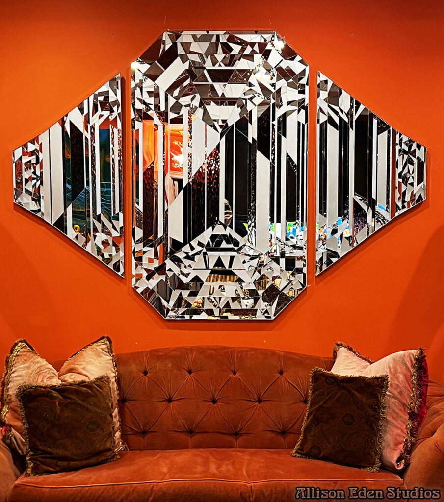 Diamond Mirror Mosaic Artwork Stained Glass Triptych Artwork in Orange Room With Orange Couch.